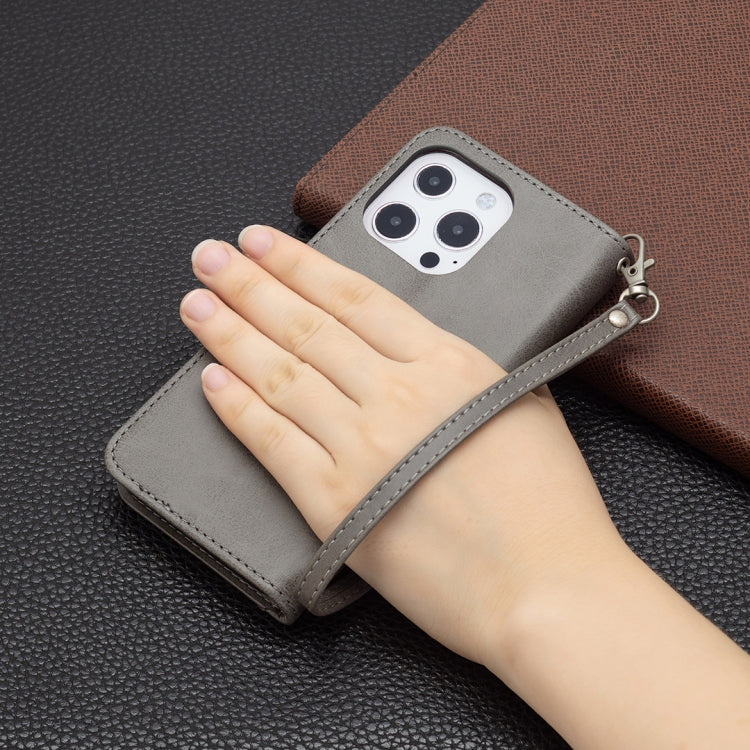 For iPhone 13 Retro Lambskin Texture Pure Color Horizontal Flip PU Leather Case, with Holder & Card Slots & Wallet & Lanyard(Grey) by buy2fix