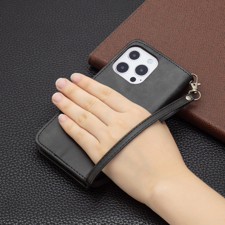 For iPhone 13 Pro Retro Lambskin Texture Pure Color Horizontal Flip PU Leather Case, with Holder & Card Slots & Wallet & Lanyard(Black) by buy2fix