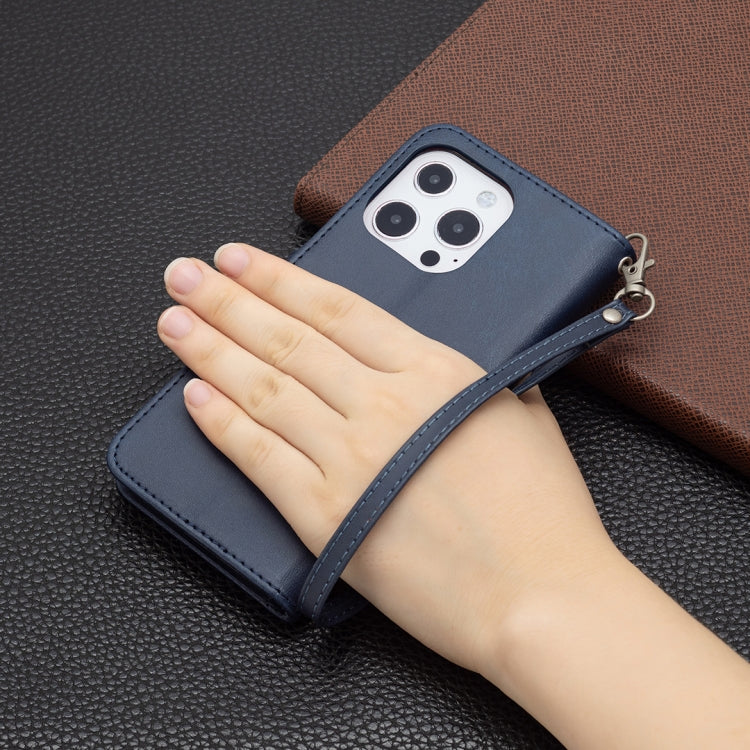 For iPhone 13 Pro Retro Lambskin Texture Pure Color Horizontal Flip PU Leather Case, with Holder & Card Slots & Wallet & Lanyard(Blue) by buy2fix