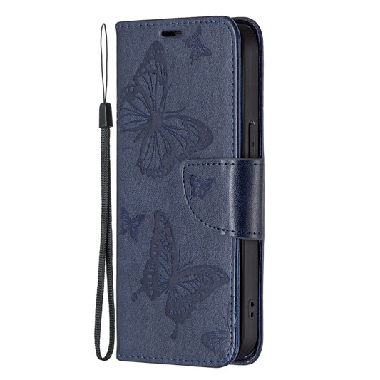 For iPhone 13 Embossing Two Butterflies Pattern Horizontal Flip PU Leather Case with Holder & Card Slot & Wallet & Lanyard(Blue) by buy2fix