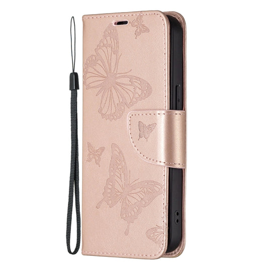 For iPhone 13 Embossing Two Butterflies Pattern Horizontal Flip PU Leather Case with Holder & Card Slot & Wallet & Lanyard(Rose Gold) by buy2fix