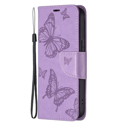 For iPhone 13 Embossing Two Butterflies Pattern Horizontal Flip PU Leather Case with Holder & Card Slot & Wallet & Lanyard(Purple) by buy2fix