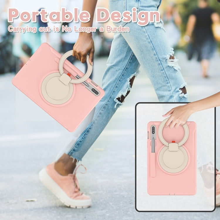 For Samsung Galaxy Tab S8 / Galaxy Tab S7 870 Shockproof TPU + PC Protective Case with 360 Degree Rotation Foldable Handle Grip Holder & Pen Slot(Cherry Blossoms Pink) by buy2fix