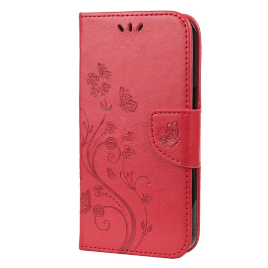 For iPhone 13 Butterfly Flower Pattern Horizontal Flip Leather Case with Holder & Card Slots & Wallet(Red) by buy2fix