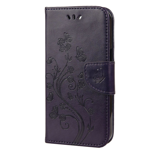 For iPhone 13 Butterfly Flower Pattern Horizontal Flip Leather Case with Holder & Card Slots & Wallet(Deep Purple) by buy2fix