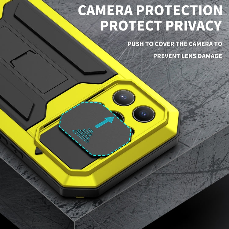 For iPhone 13 Pro Max R-JUST Sliding Camera Shockproof Life Waterproof Dust-proof Metal + Silicone Protective Case with Holder (Yellow) by R-JUST