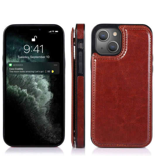 For iPhone 13 Double Buckle Shockproof PU Protective Case with Card Slots & Holder(Brown) by buy2fix