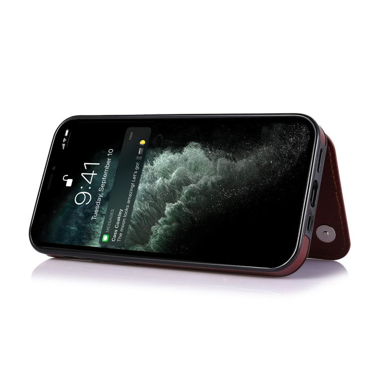 For iPhone 13 Double Buckle Shockproof PU Protective Case with Card Slots & Holder(Brown) by buy2fix