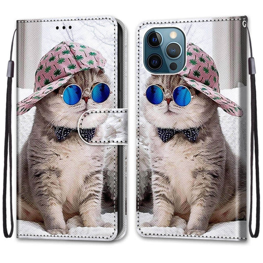 For iPhone 13 Pro Coloured Drawing Cross Texture Horizontal Flip PU Leather Case with Holder & Card Slots & Wallet & Lanyard (Slant Hat Blue Mirror Cat) by buy2fix