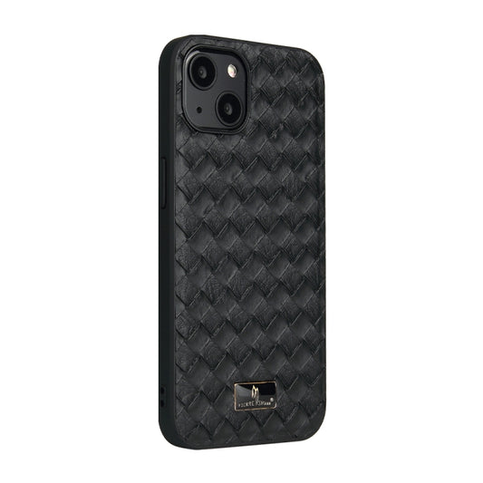 For iPhone 13 mini Fierre Shann Leather Texture Phone Back Cover Case (Woven Black) - iPhone 13 mini Cases by FIERRE SHANN | Online Shopping UK | buy2fix