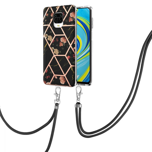 For Xiaomi Redmi Note 9S / Note 9 Pro Electroplating Splicing Marble Flower Pattern TPU Shockproof Case with Lanyard(Black Flower) by buy2fix