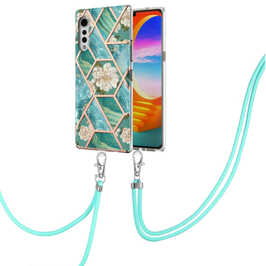 For LG Velvet 4G / Velvet 5G / G9 Electroplating Splicing Marble Flower Pattern TPU Shockproof Case with Lanyard(Blue Flower) by buy2fix