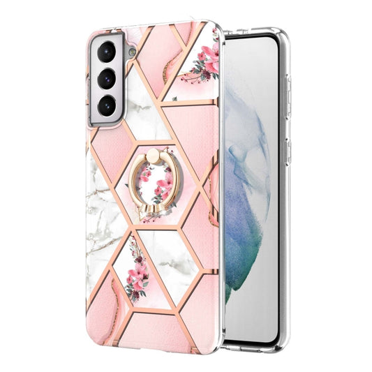 For Samsung Galaxy S21+ 5G Electroplating Splicing Marble Flower Pattern TPU Shockproof Case with Rhinestone Ring Holder(Pink Flower) by buy2fix