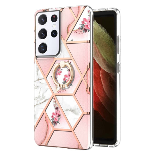 For Samsung Galaxy S21 Ultra 5G Electroplating Splicing Marble Flower Pattern TPU Shockproof Case with Rhinestone Ring Holder(Pink Flower) by buy2fix
