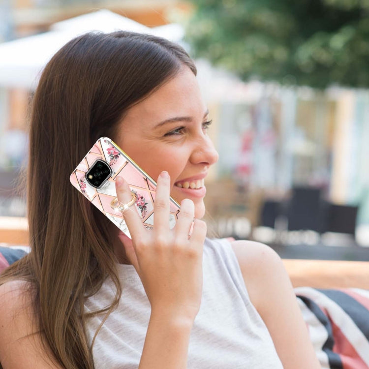 For Xiaomi Poco X3 NFC Electroplating Splicing Marble Flower Pattern TPU Shockproof Case with Rhinestone Ring Holder(Pink Flower) by buy2fix