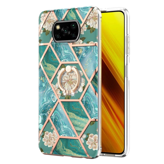 For Xiaomi Poco X3 NFC Electroplating Splicing Marble Flower Pattern TPU Shockproof Case with Rhinestone Ring Holder(Blue Flower) by buy2fix