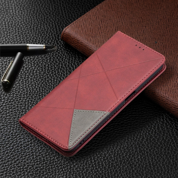 For OPPO Realme 8 5G / V13 Rhombus Texture Horizontal Flip Magnetic Leather Case with Holder & Card Slots(Red) by buy2fix