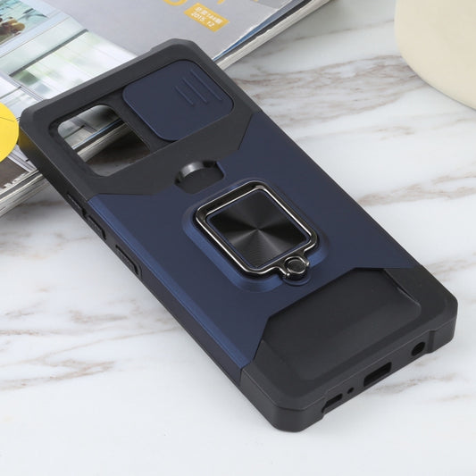 For Samsung Galaxy A42 5G Sliding Camera Cover Design PC + TPU Shockproof Case with Ring Holder & Card Slot(Blue) by buy2fix