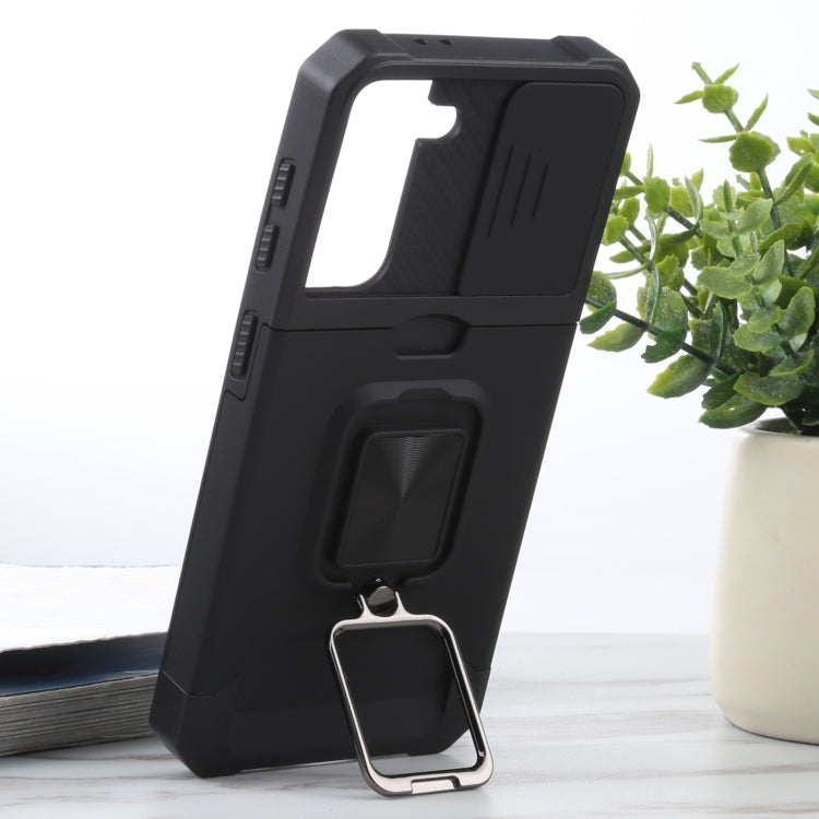 For Samsung Galaxy S21 5G Sliding Camera Cover Design PC + TPU Shockproof Case with Ring Holder & Card Slot(Black) by buy2fix