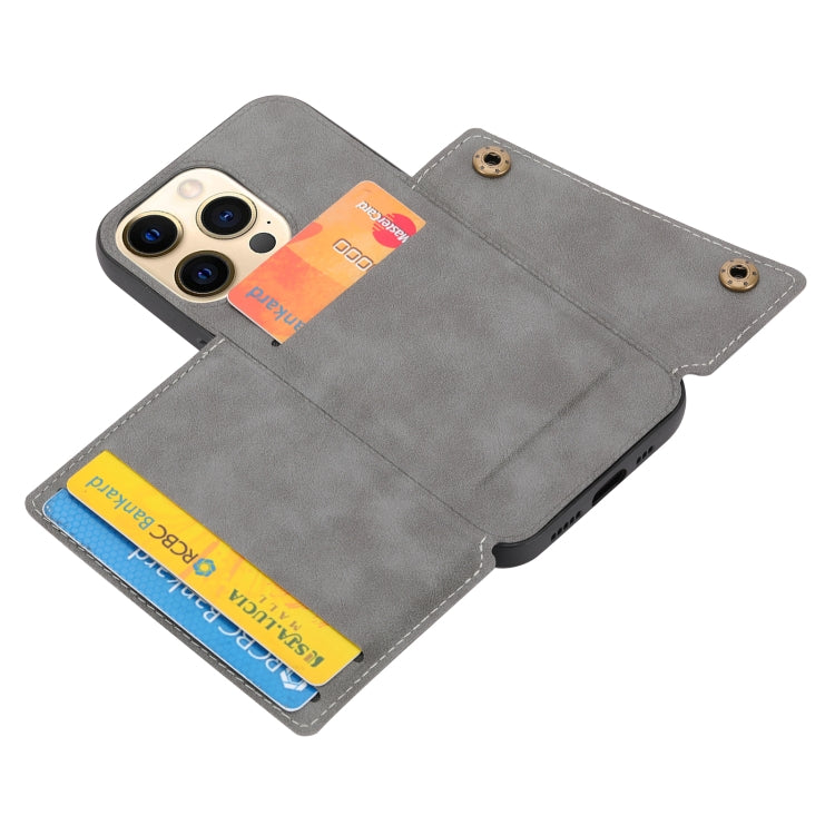 For iPhone 13 Double Buckle PU + TPU Shockproof Magnetic Protective Case with Card Slot & Holder(Grey) by buy2fix