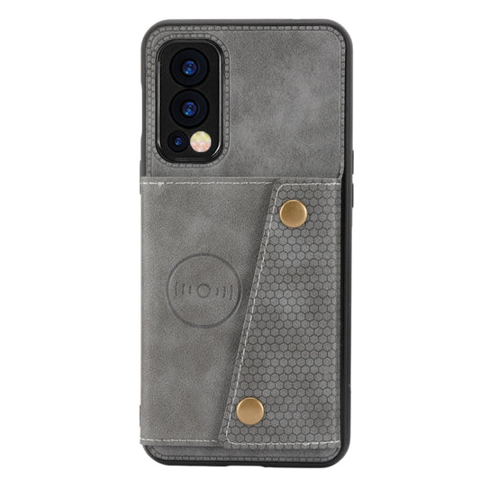 For OnePlus Nord 2 5G Double Buckle PU + TPU Shockproof Magnetic Protective Case with Card Slot & Holder(Grey) by buy2fix