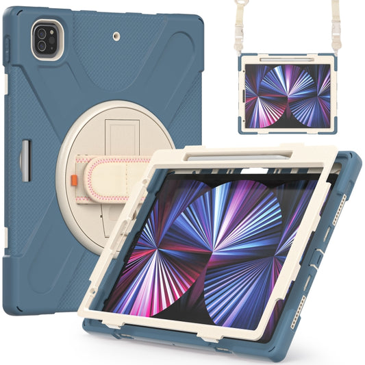 For iPad Pro 12.9 2022 / 2021 Rotatable Holder Silicone Hybrid PC Tablet Case with Shoulder Strap(Cornflower Blue) by buy2fix