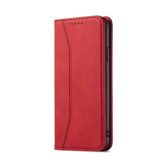 For iPhone 13 mini Skin-feel Calfskin Texture Magnetic Dual-Fold Horizontal Flip Leather Case with Holder & Card Slots & Wallet (Red) by buy2fix