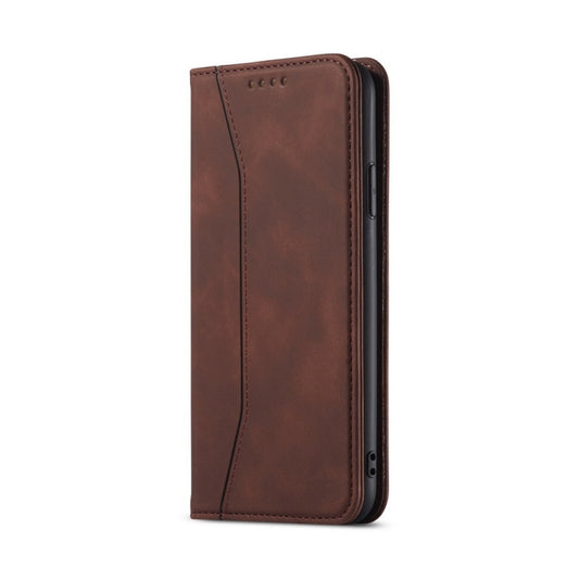 For iPhone 13 Skin-feel Calfskin Texture Magnetic Dual-Fold Horizontal Flip Leather Case with Holder & Card Slots & Wallet(Coffee) by buy2fix