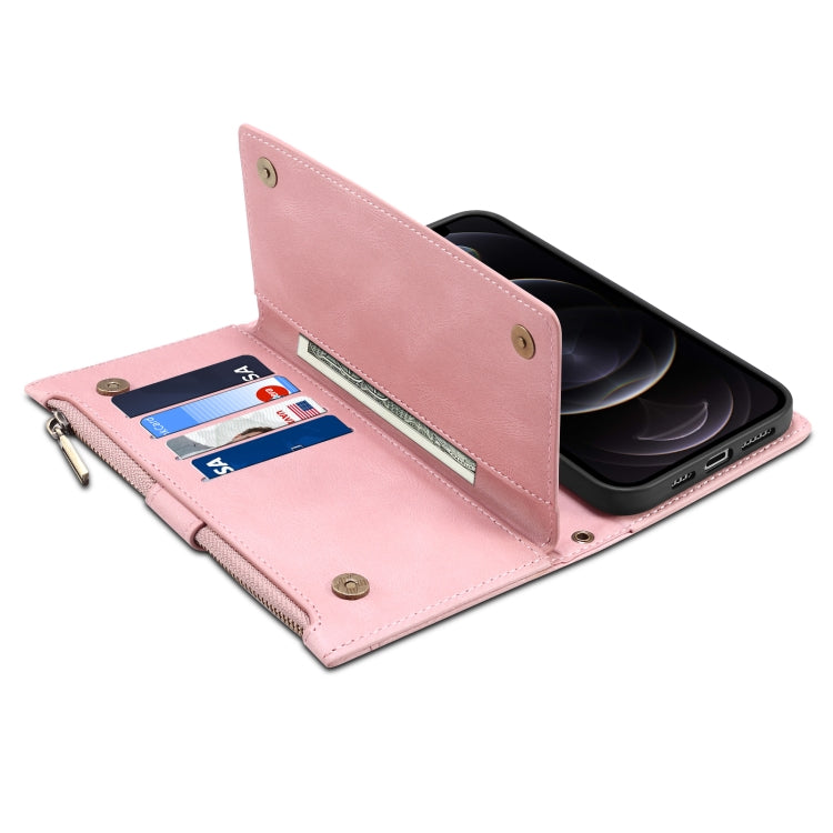 For iPhone 13 Pro Max Retro Frosted Horizontal Flip Leather Case with Holder & Card Slot & Wallet & Zipper Pocket & Lanyard (Rose Gold) by buy2fix