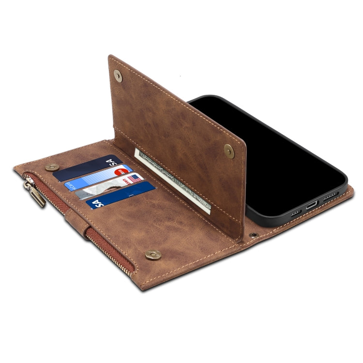 For iPhone XR Retro Frosted Horizontal Flip Leather Case with Holder & Card Slot & Wallet & Zipper Pocket & Lanyard(Brown) by buy2fix