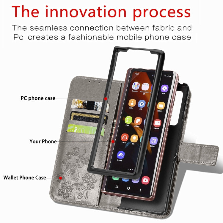 For Samsung Galaxy Z Fold3 5G Four-leaf Clasp Embossed Buckle Mobile Phone Protection Leather Case with Lanyard & Card Slot & Wallet & Bracket Function(Grey) by buy2fix