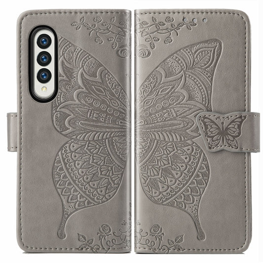 For Samsung Galaxy Z Fold3 5G Butterfly Love Flowers Embossed Horizontal Flip Leather Case with Holder & Card Slots & Wallet & Lanyard(Grey) by buy2fix