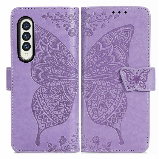 For Samsung Galaxy Z Fold3 5G Butterfly Love Flowers Embossed Horizontal Flip Leather Case with Holder & Card Slots & Wallet & Lanyard(Light Purple) by buy2fix