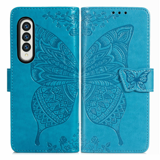 For Samsung Galaxy Z Fold3 5G Butterfly Love Flowers Embossed Horizontal Flip Leather Case with Holder & Card Slots & Wallet & Lanyard(Blue) by buy2fix