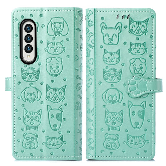 For Samsung Galaxy Z Fold3 5G Lovely Cat and Dog Embossing Pattern Horizontal Flip Leather Case , with Holder & Card Slots & Wallet(Green) by buy2fix