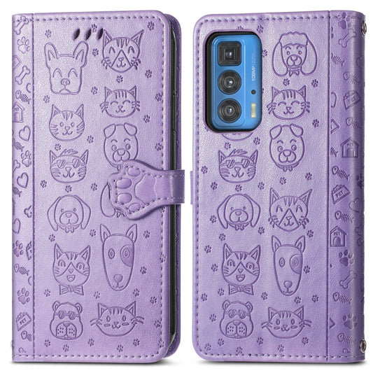 For Motorola Edge 20 Pro Lovely Cat and Dog Embossing Pattern Horizontal Flip Leather Case , with Holder & Card Slots & Wallet & Cartoon Clasp & Lanyard(Purple) by buy2fix