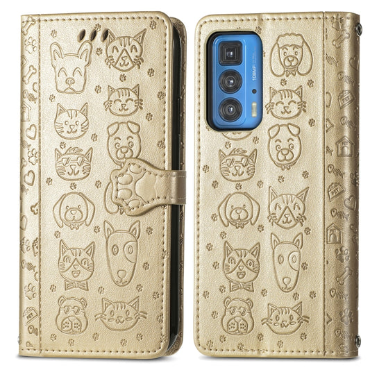 For Motorola Edge 20 Pro Lovely Cat and Dog Embossing Pattern Horizontal Flip Leather Case , with Holder & Card Slots & Wallet & Cartoon Clasp & Lanyard(Gold) by buy2fix