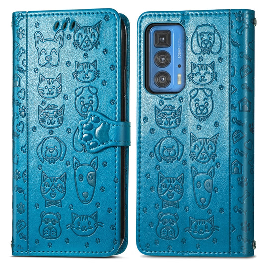 For Motorola Edge 20 Pro Lovely Cat and Dog Embossing Pattern Horizontal Flip Leather Case , with Holder & Card Slots & Wallet & Cartoon Clasp & Lanyard(Blue) by buy2fix