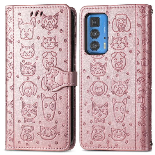 For Motorola Edge 20 Pro Lovely Cat and Dog Embossing Pattern Horizontal Flip Leather Case , with Holder & Card Slots & Wallet & Cartoon Clasp & Lanyard(Rose Gold) by buy2fix