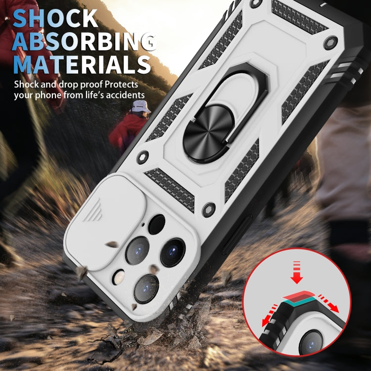 For iPhone 13 Pro Max Sliding Camera Cover Design TPU + PC Protective Case with 360 Degree Rotating Holder & Card Slot (White+Black) by buy2fix