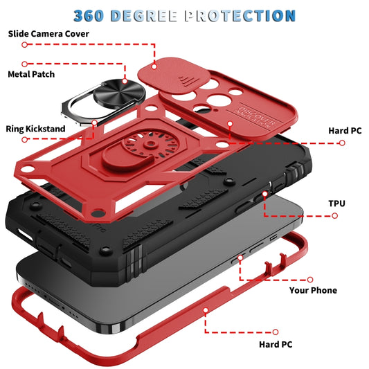 For iPhone 13 Pro Max Sliding Camera Cover Design TPU + PC Protective Case with 360 Degree Rotating Holder & Card Slot (Red+Black) by buy2fix