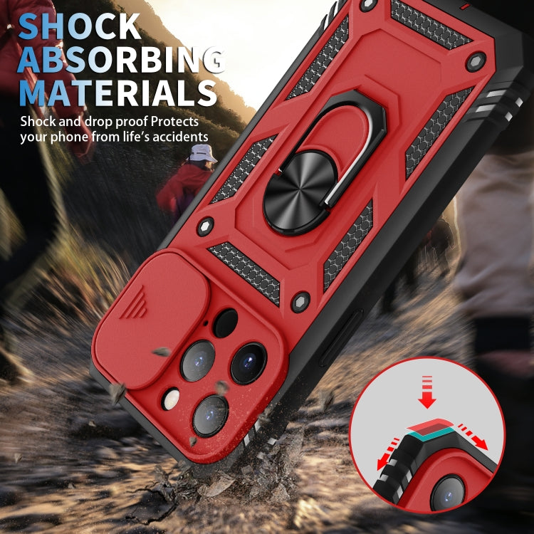 For iPhone 13 Pro Max Sliding Camera Cover Design TPU + PC Protective Case with 360 Degree Rotating Holder & Card Slot (Red+Black) by buy2fix