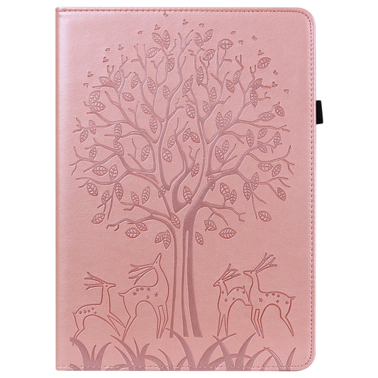 For Samsung Galaxy Tab S8 / Galaxy Tab S7 SM-T870 Tree & Deer Pattern Pressed Printing Horizontal Flip PU Leather Case with Holder & Card Slots(Pink) by buy2fix