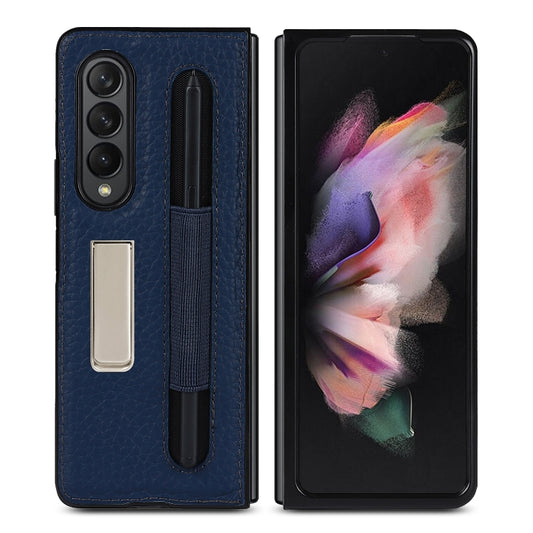 For Samsung Galaxy Z Fold3 5G Litchi Texture Leather Protective Case with Holder & Pen Slot(Blue) by buy2fix