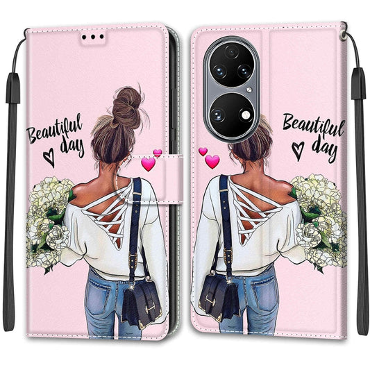 Voltage Coloured Drawing Magnetic Clasp Horizontal Flip PU Leather Case with Holder & Card Slots For Huawei P50(C09 Hug Flower) by buy2fix