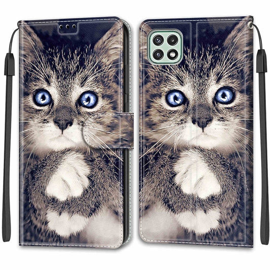 Voltage Coloured Drawing Magnetic Clasp Horizontal Flip PU Leather Case with Holder & Card Slots For Samsung Galaxy A22 5G(C02 Fork Hand White Claw Cat) by buy2fix