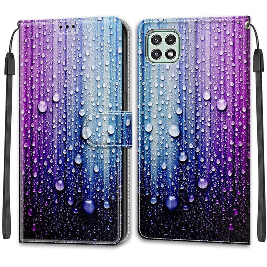Voltage Coloured Drawing Magnetic Clasp Horizontal Flip PU Leather Case with Holder & Card Slots For Samsung Galaxy A22 5G(C05 Purple Blue Water Drops) by buy2fix