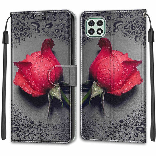 Voltage Coloured Drawing Magnetic Clasp Horizontal Flip PU Leather Case with Holder & Card Slots For Samsung Galaxy A22 5G(C14 Black Water Drop Rose) by buy2fix