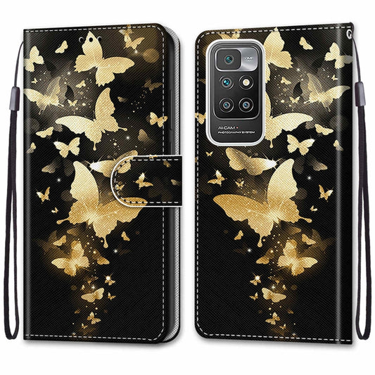 For Xiaomi Redmi 10 Coloured Drawing Cross Texture Horizontal Flip PU Leather Case with Holder & Card Slots & Wallet & Lanyard(Golden Butterfly Group) by buy2fix