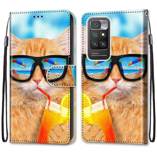 For Xiaomi Redmi 10 Coloured Drawing Cross Texture Horizontal Flip PU Leather Case with Holder & Card Slots & Wallet & Lanyard(Cat Drinking Soda) by buy2fix